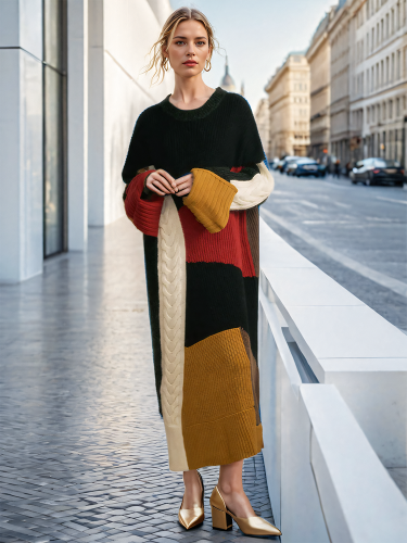 DEAT Fashion Women's Knitted Dress O-neck Contrast Color Loose Elastic Pullover Mid-calf Split Dresses Winter 2024 New CPDB101