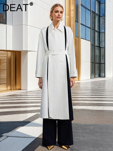 DEAT Fashion Women's Trench Coat Belt Double Breasted Contrast Color Back Slit Button Windbreaker Autumn 2024 New Tide CPDB154