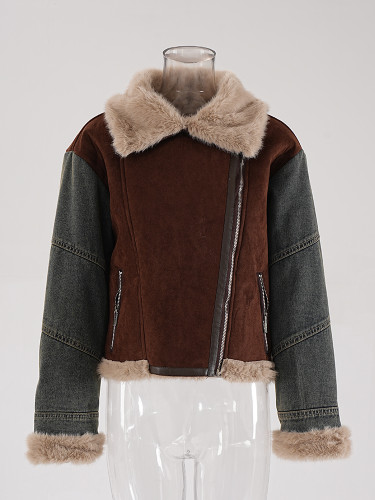 DEAT Fashion Women's Melard Brown Fur Integrated Jacket Lapel Zipper Plush Thick Short Motorcycle Jackets Winter 2024 New CPG238