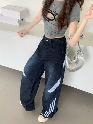 {EAM} Three bars retro wide leg jeans women design sense of luffian handsome with all the feeling of falling straight leg pants DLZ279