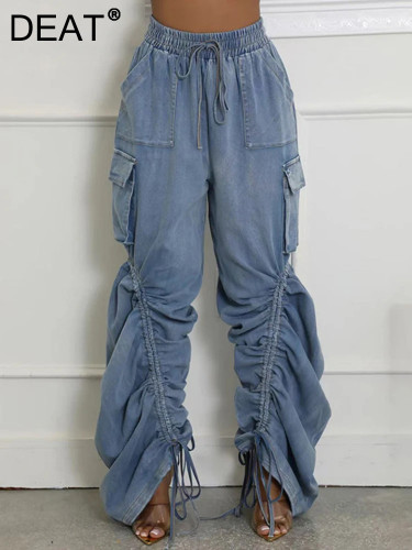 DEAT Fashion Women's Drawstring Jeans High Waist Loose Wide Leg Streetwear Drawn Pleated Design Denim Pant Autumn 2024 New