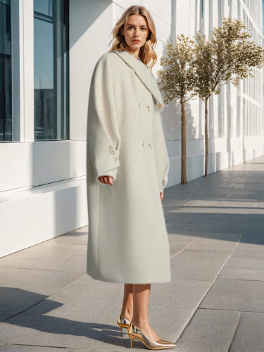 DEAT Fashion Women Woolen Coat Irregular Lapel Loose Double Breasted Long Sleeves Beige Blends Overcoat Winter 2024 New CPDB289