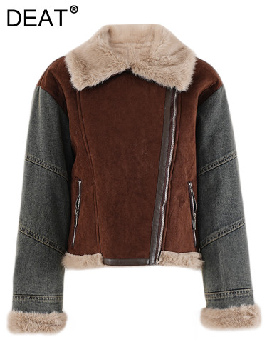 DEAT Fashion Women's Melard Brown Fur Integrated Jacket Lapel Zipper Plush Thick Short Motorcycle Jackets Winter 2024 New CPG238