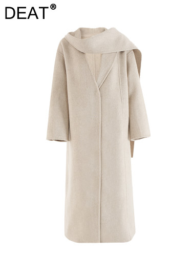 DEAT Fashion Women's Beige Double Side 100% Wool Coat Scraf Collar Loose Covered Button Blends Overcoat Winter 2024 New CPG2397
