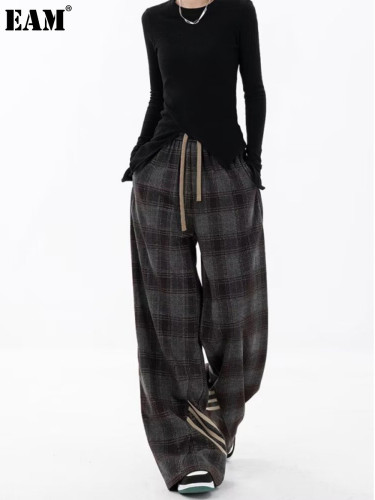 {EAM} Autumn and winter new casual plaid pants women splicing three bars design sense straight leg wide-leg pants DLZ273