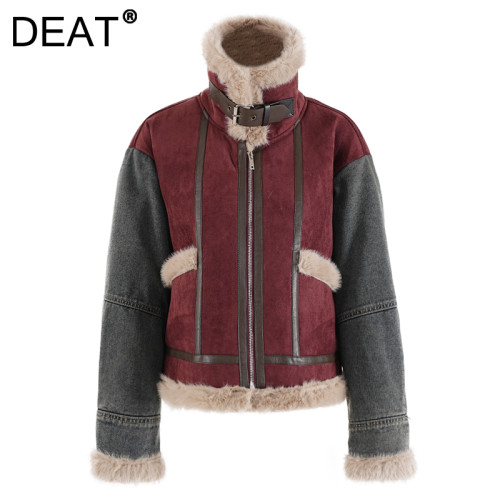 DEAT Fashion Women's Angola Red Fur Integrated Jacket Lapel Loose Zipper Long Sleeves Plush Thick Short Coat Winter 2024 New