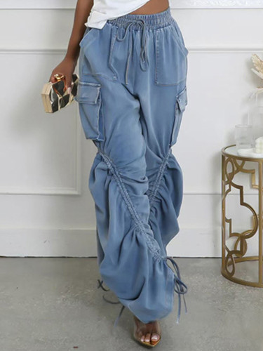 DEAT Fashion Women's Drawstring Jeans High Waist Loose Wide Leg Streetwear Drawn Pleated Design Denim Pant Autumn 2024 New