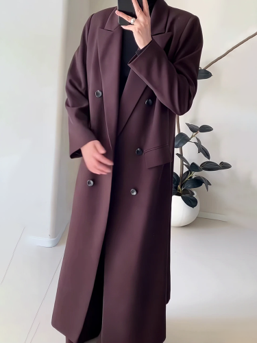 DEAT Fashion Women Long Blazer Notched Collar Loose Double Breasted Long Sleeves Angola Red Suit Jacket Autumn 2024 New 7AB541H