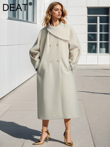 DEAT Fashion Women Woolen Coat Irregular Lapel Loose Double Breasted Long Sleeves Beige Blends Overcoat Winter 2024 New CPDB289