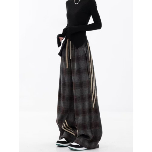 {EAM} Autumn and winter new casual plaid pants women splicing three bars design sense straight leg wide-leg pants DLZ273