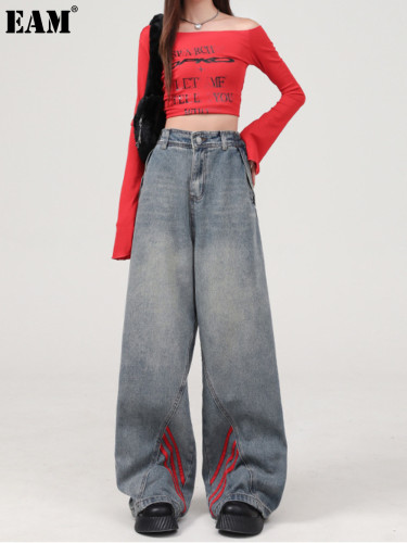 {EAM} Autumn and winter straight leg high-waisted jeans women loose trend three bars design sense personality hanging wide-leg pants DLZ278