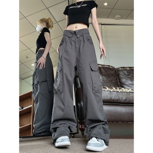 {EAM} American retro Spice fat mm pants fall new wide leg cuffed pants women's high-waisted Burgundy overalls DLZ227
