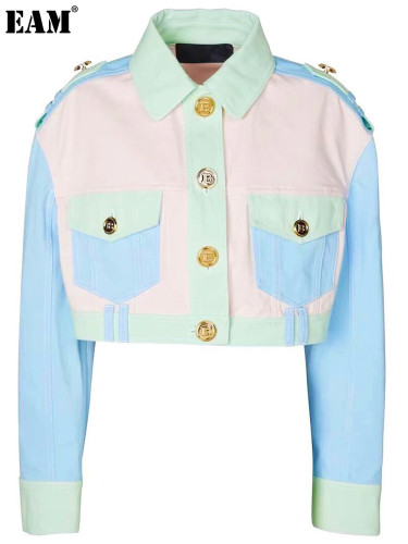 {EAM} New Europe and the United States high-quality goods supply short top high and thin quality women's color denim coat DLZ282