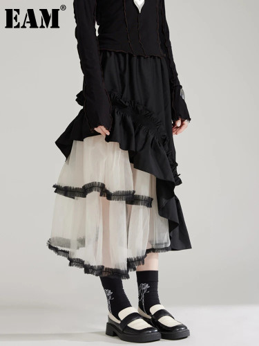 [EAM] High Elastic Waist Black Ruffles Mesh Irregular Cake Half-body Skirt Women Fashion Tide New Spring Autumn 2024 1DH7994
