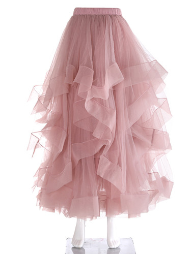 [EAM] High Elastic Waist Black Irregular Mesh Ruffles Elegant Half-body Skirt Women Fashion Tide New Spring Autumn 2024 1DH6511