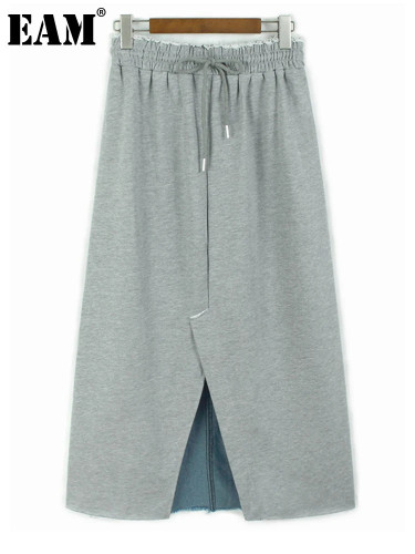 [EAM] High Elastic Waist Gray Back Denim Irregular Slit Long Half-body Skirt Women Fashion Tide New Spring Autumn 2024 1DH8086