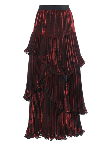 [EAM] High Elastic Waist Red Pleated Ruffles Irregular Cake Half-body Skirt Women Fashion Tide New Spring Autumn 2024 1DH8130