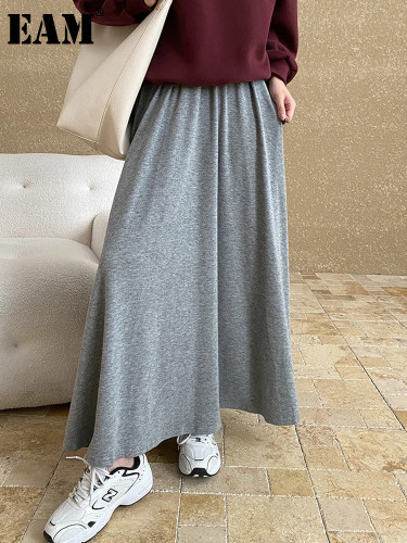 [EAM] High Elastic Waist Light Gray Brief Long A-line Casual Half-body Skirt Women Fashion Tide New Spring Autumn 2024 1DH7891