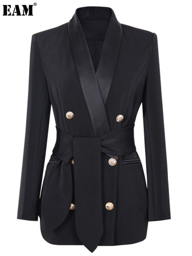 {EAM} Spring and autumn new fashion senior solid color belt long sleeve slim temperament commuter green fruit collar suit DLZ286