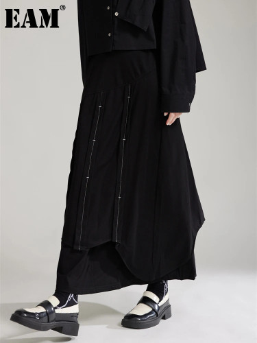 [EAM] High Elastic Waist Black Topstitched Irregular A-line Half-body Skirt Women Fashion Tide New Spring Autumn 2024 1DH7986