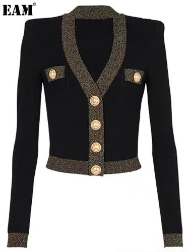 {EAM} Spring and autumn new European and American high quality sweater long sleeve V-neck cardigan women's coat DLZ285