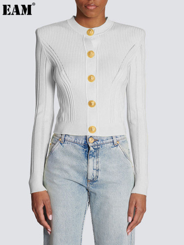 {EAM} Spring and autumn new Europe and the United States high quality sweater long sleeve round neck cardigan wool knitted top coat DLZ287
