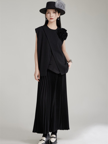 [EAM] High Waist Black Brief Pleated Long Elegant A-line Half-body Skirt Women Fashion Tide New Spring Autumn 2024 1DH8008