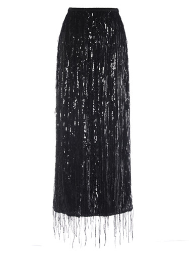 [EAM] High Elastic Waist Black Sequins Tassels Elegant Shining Half-body Skirt Women Fashion Tide New Spring Autumn 2024 1DH5190