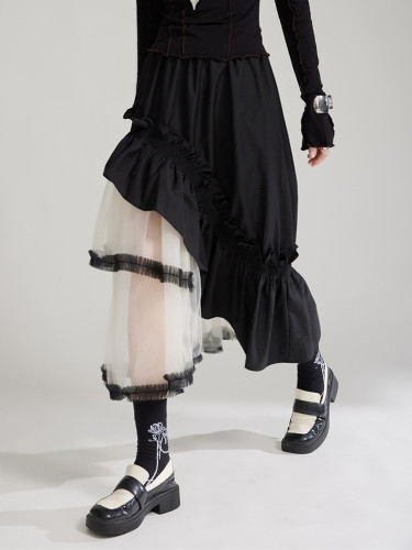 [EAM] High Elastic Waist Black Ruffles Mesh Irregular Cake Half-body Skirt Women Fashion Tide New Spring Autumn 2024 1DH7994