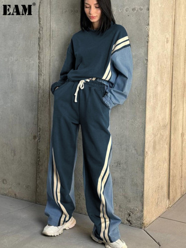 {EAM} American sports style color striped hoodie set pullover jacket drawstring pants two-piece set DLZ288