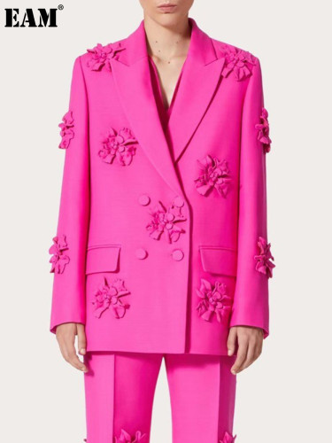 {EAM} Spring and autumn new fashion double breasted heavy industry hand set three-dimensional flower suit jacket top DLZ290