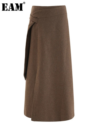 [EAM] High Waist Brown Irregular Ribbon Long Elegant A-line Half-body Skirt Women Fashion Tide New Spring Autumn 2024 CPG2392