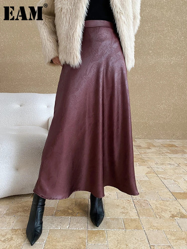 [EAM] High Waist Wine Red Jacquard Elegant Long A-line Half-body Skirt Women Fashion Tide New Spring Autumn 2024 1DH7889