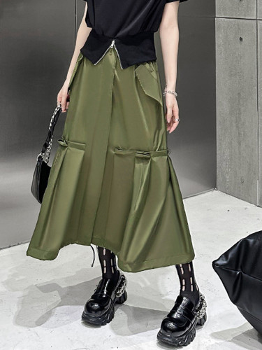 [EAM] High Elastic Waist Army Green Pleated Zipper Elegant A-line Half-body Skirt Women Fashion New Spring Autumn 2024 1DH8046