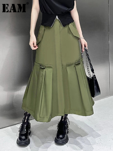 [EAM] High Elastic Waist Army Green Pleated Zipper Elegant A-line Half-body Skirt Women Fashion New Spring Autumn 2024 1DH8046