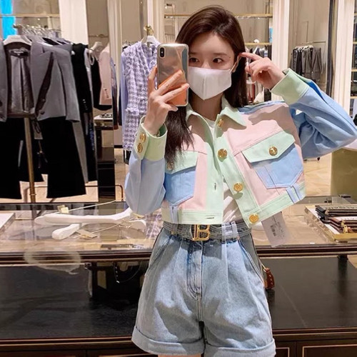 {EAM} New Europe and the United States high-quality goods supply short top high and thin quality women's color denim coat DLZ282