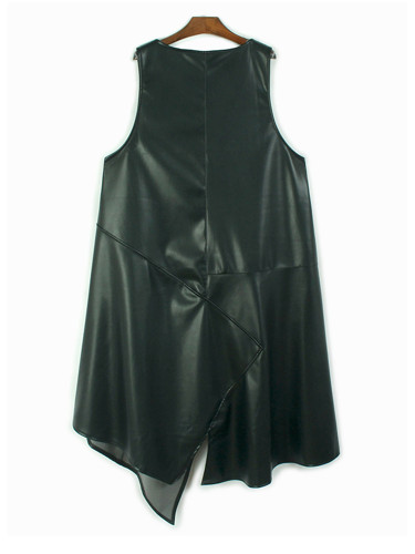 [EAM] Women Black Pu Leather Irregular Hem Big Size Vest Dress New V-Neck Sleeveless Fashion Tide Spring Autumn 2024 1DH8080