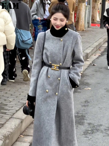 {EAM} Small fragrance grey medium length double-sided woolen coat for women 2024 Autumn/Winter high-grade woolen coat DLZ295