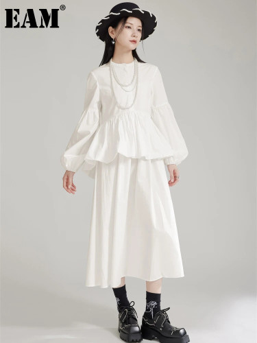 [EAM] Women Beige Ruffles Spliced Elegant Midi Dress New Round Neck Long Lantern Sleeve Fashion Tide Spring Autumn 2024 1DH8019