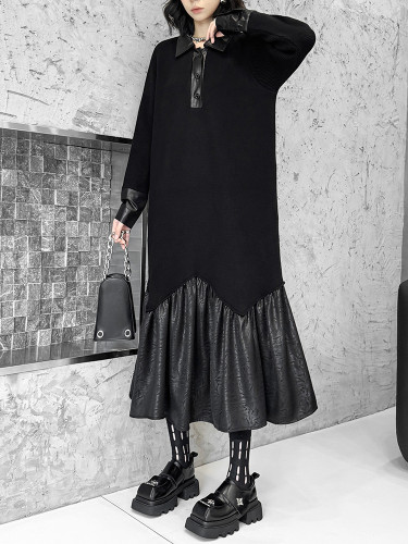 [EAM] Women Black Pu Leather Knitting Big Size Elegant Dress New Lapel Long Sleeve Fashion Tide Spring Autumn 2024 1DH8054