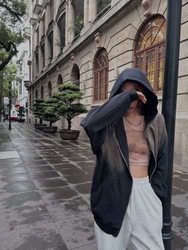 {EAM} Dark style American Plankton Shuai gradient wash zipper hoodie long sleeve autumn coat DLZ300