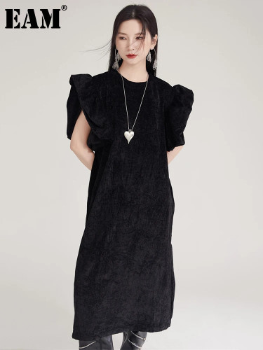 [EAM] Women Black Ruffles Velvet Big Size Shaped Elegant Dress New Round Neck Sleeveless Fashion Tide Spring Autumn 2024 1DH8031