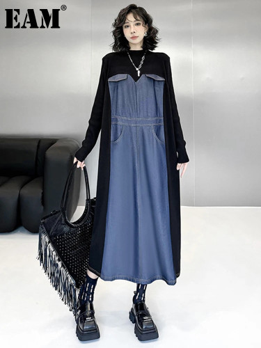 [EAM] Women Black Knitting Color-block Big Size Casual Dress New Round Neck Long Sleeve Fashion Tide Spring Autumn 2024 1DH7937