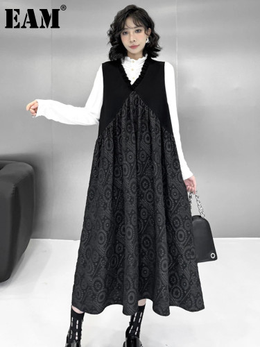 [EAM] Women Black Pattern Textured Big Size Midi Vest Dress New V-Neck Sleeveless Fashion Tide Spring Autumn 2024  1DH8068