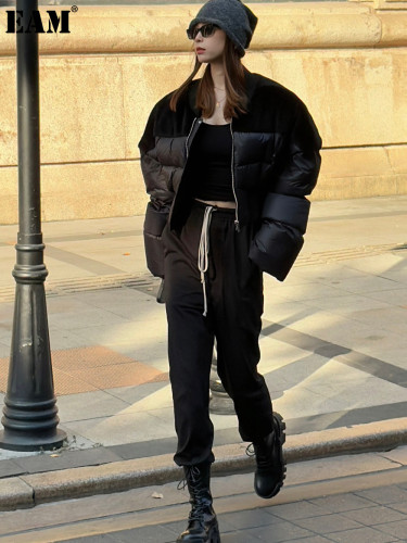 {EAM} Fur one-piece quilted black down jacket with zipper short patchwork DLZ297