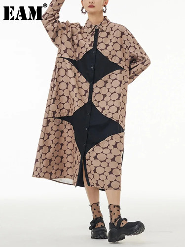 [EAM] Women Brown Dot Printed Big Size Long Shirt Dress New Lapel  Long Sleeve Loose Fit Fashion Tide Spring Autumn 2024 1DF1835