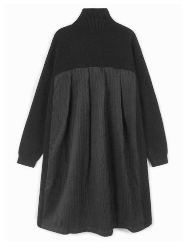 [EAM] Women Black Back Pleated Knittign Big Size Sweater Dress New Turtleneck Long Sleeve Fashion Spring Autumn 2024 1DH8090