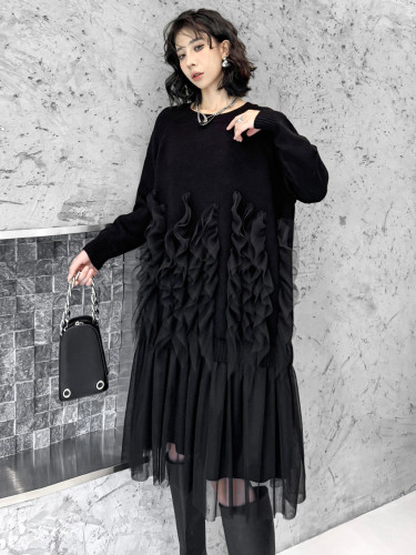 [EAM] Women Black Mesh Ruffles Knitting Big Size Sweater Dress New Round Neck Long Sleeve Fashion Spring Autumn 2024 1DH8066