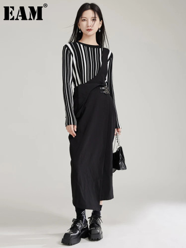 [EAM] Women Black Brief Leather Buckle Irregular Slim Elegant Strap Dress New Sleeveless Fashion Tide Spring Autumn 2024 1DH8037
