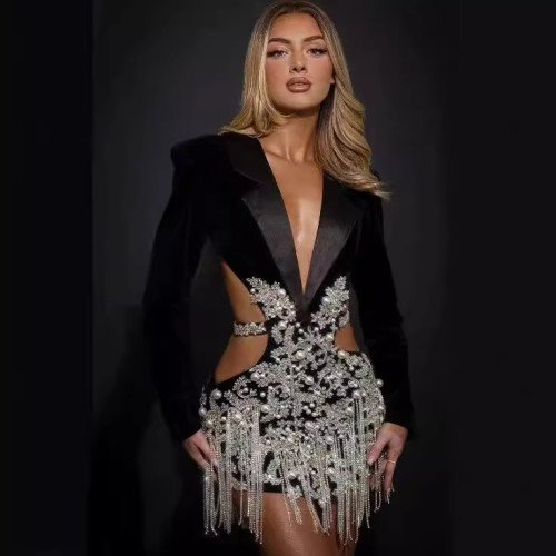 {EAM} Costume cutout fringe sequin wrap hip group minidress DLZ304